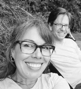 A black and white selfie of a Michelle and Chris 