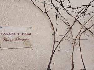 A wall-mounted sign Domaine G. Jobard Vins de Bourgogne beside dried vine branches on a textured wall