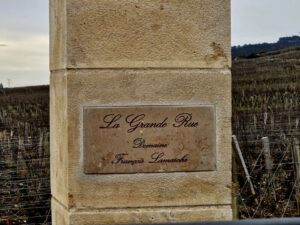 A stone pillar stands in front of the vineyard emblazoned with the domaine's name.