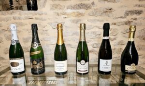 A collection of bottled Paul Chollet wines side by side against a stone wall.