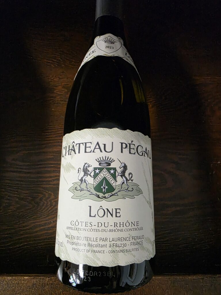A bottle of Château Pegau Côtes du Rhône Blanc 'Cuvée Lône' 2023.