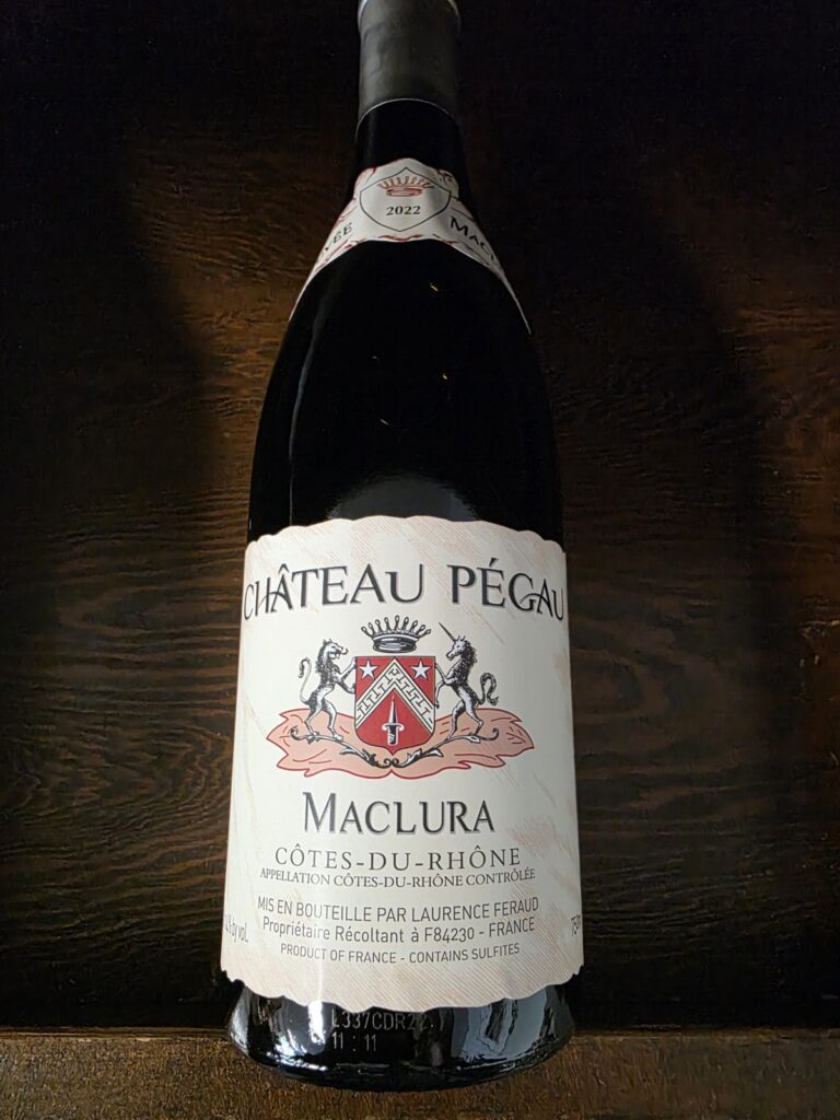 A bottle of Château Pegau Côtes du Rhône 'Cuvée Maclura' 2022.
