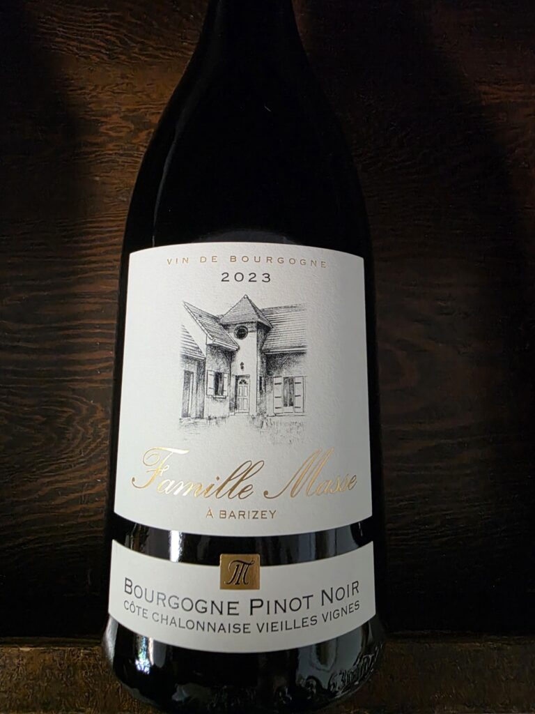 A bottle of Famille Masse Bourgogne Pinot Noir Côte Chalonnaise Vieilles Vignes 2023.