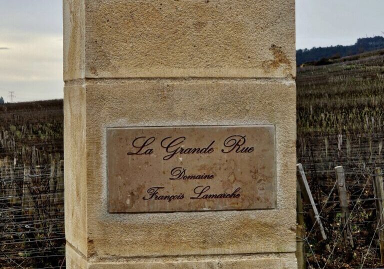 A stone pillar stands in front of the vineyard emblazoned with the domaine's name.