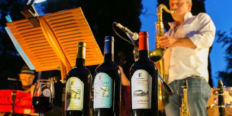 A man plays saxophone in the background while a number of Fattoria Uccelliera bottles sit in the foreground.