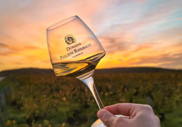 A hand holding a glass of Loire Valley wine against a sunset over vineyards.