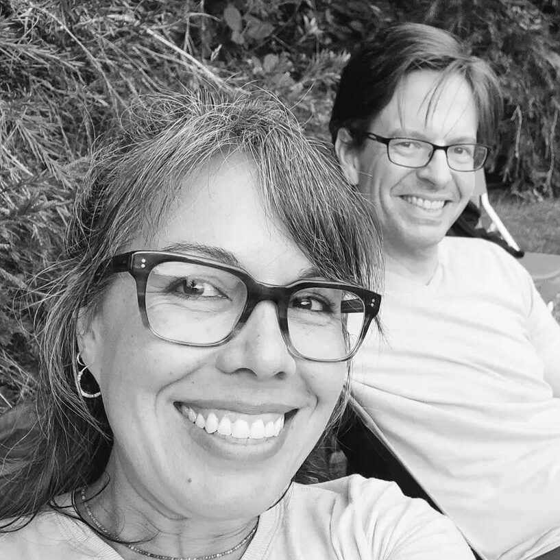 A black and white selfie of a Michelle and Chris 